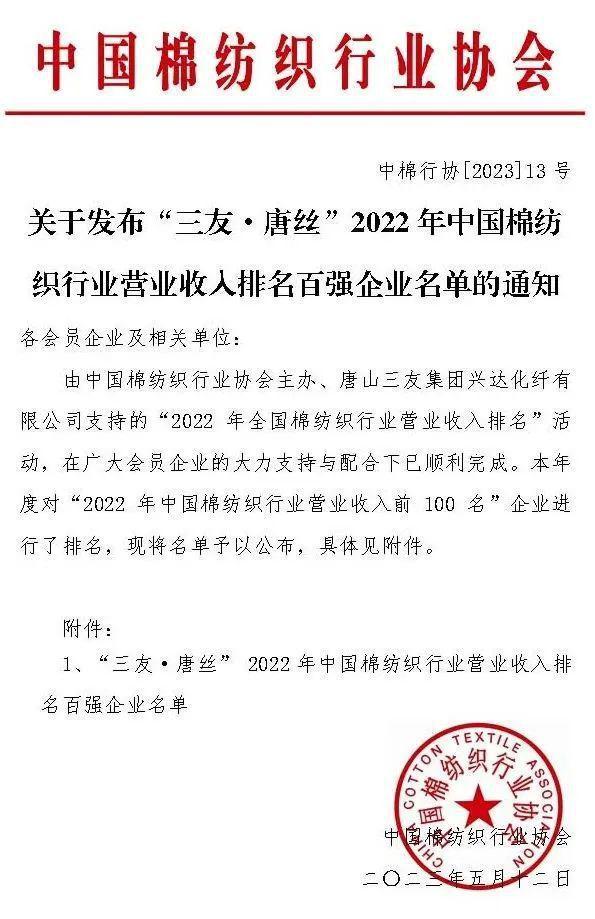  全國棉紡織行業(yè)營業(yè)收入百強(qiáng)企業(yè)名單發(fā)布